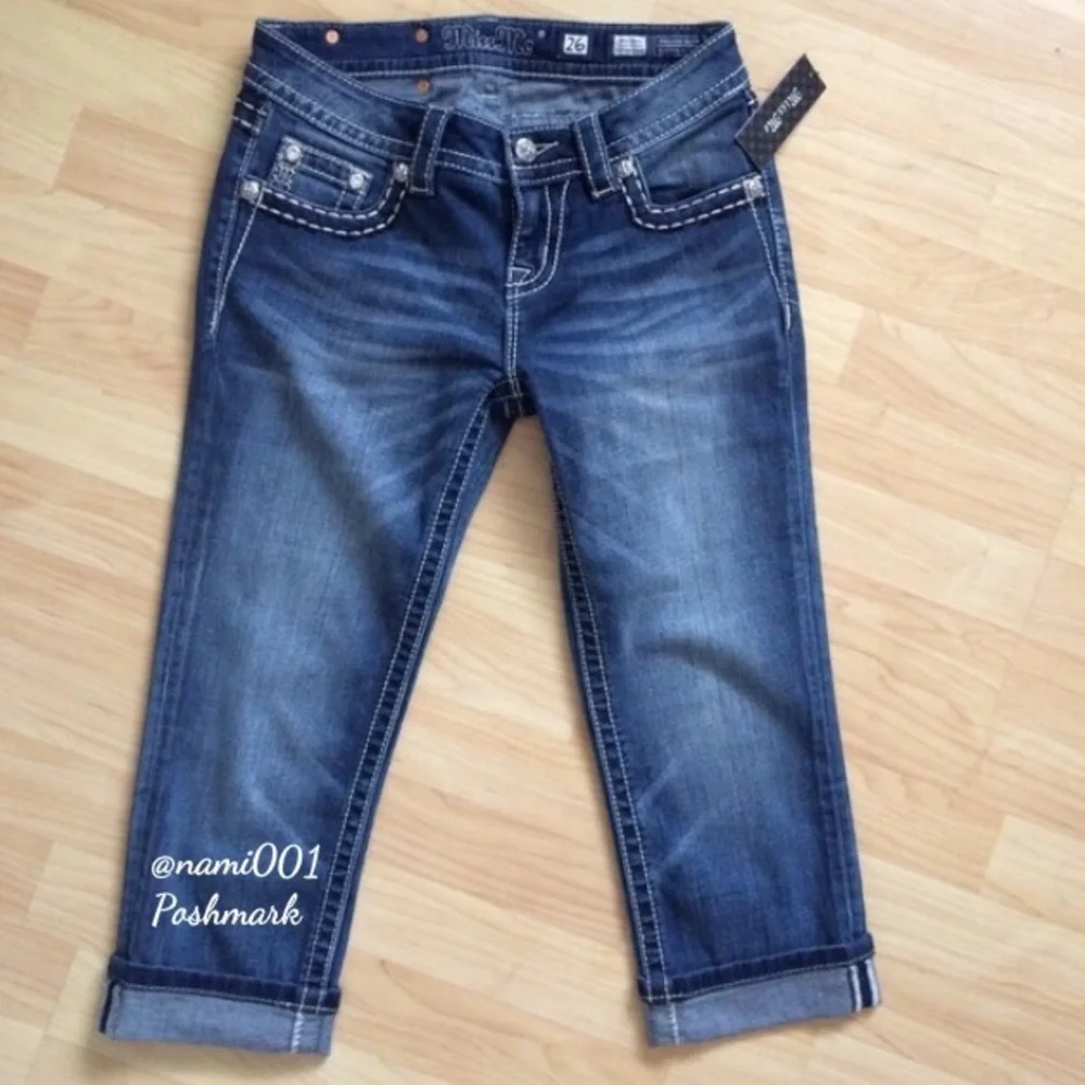 Denim Miss Me Mid-Rise Cuffed Capris Peace Sign Bling NWOT - Picture 4 of 5